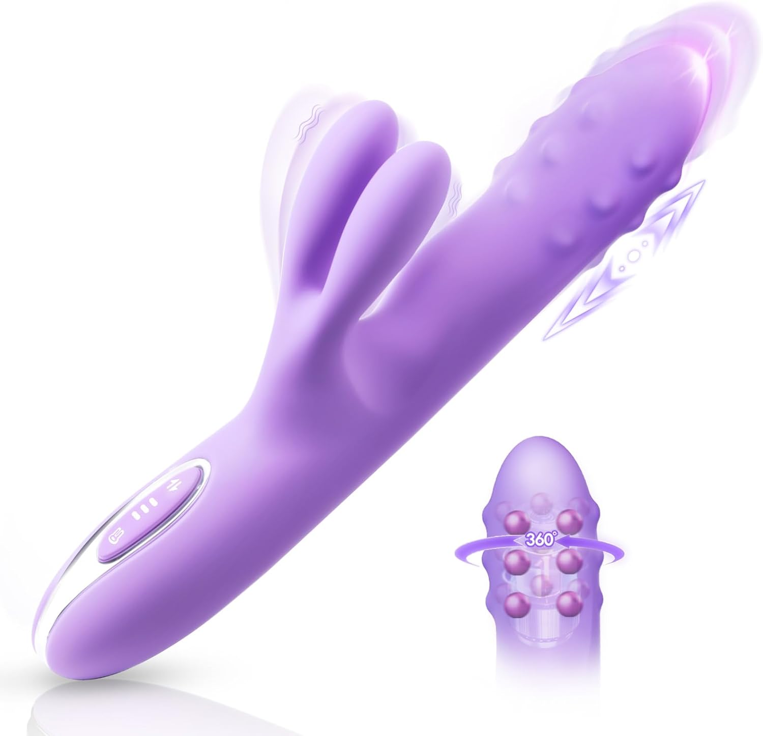 Vibrator Sex Toys Thrusting Dildo - Rolling G Spot Stimulator with Tri-Row 360°Rotating Beads + 10 Thrust + 10 Vibration for Dual Rabbit Ears, Ultra-Soft Liquid Silicone Adult Toy for Women Men Couple