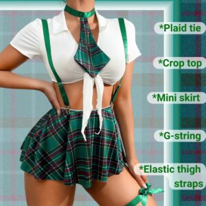 Costumes For Women,Halloween Lingerie Outfits,Tie Crop Top & Plaid Skirt Set
