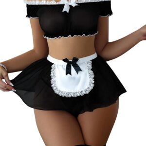 Sexy Stockings Mini Skirt Mesh Sheer Lace Costume Outfit Lingerie with Thong Set