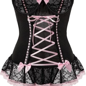 Sexy Rave Mesh Corset Ruffle Lace Up  Sheer Garter Belt Babydoll Lingerie Set With Thong 3 Piece Women