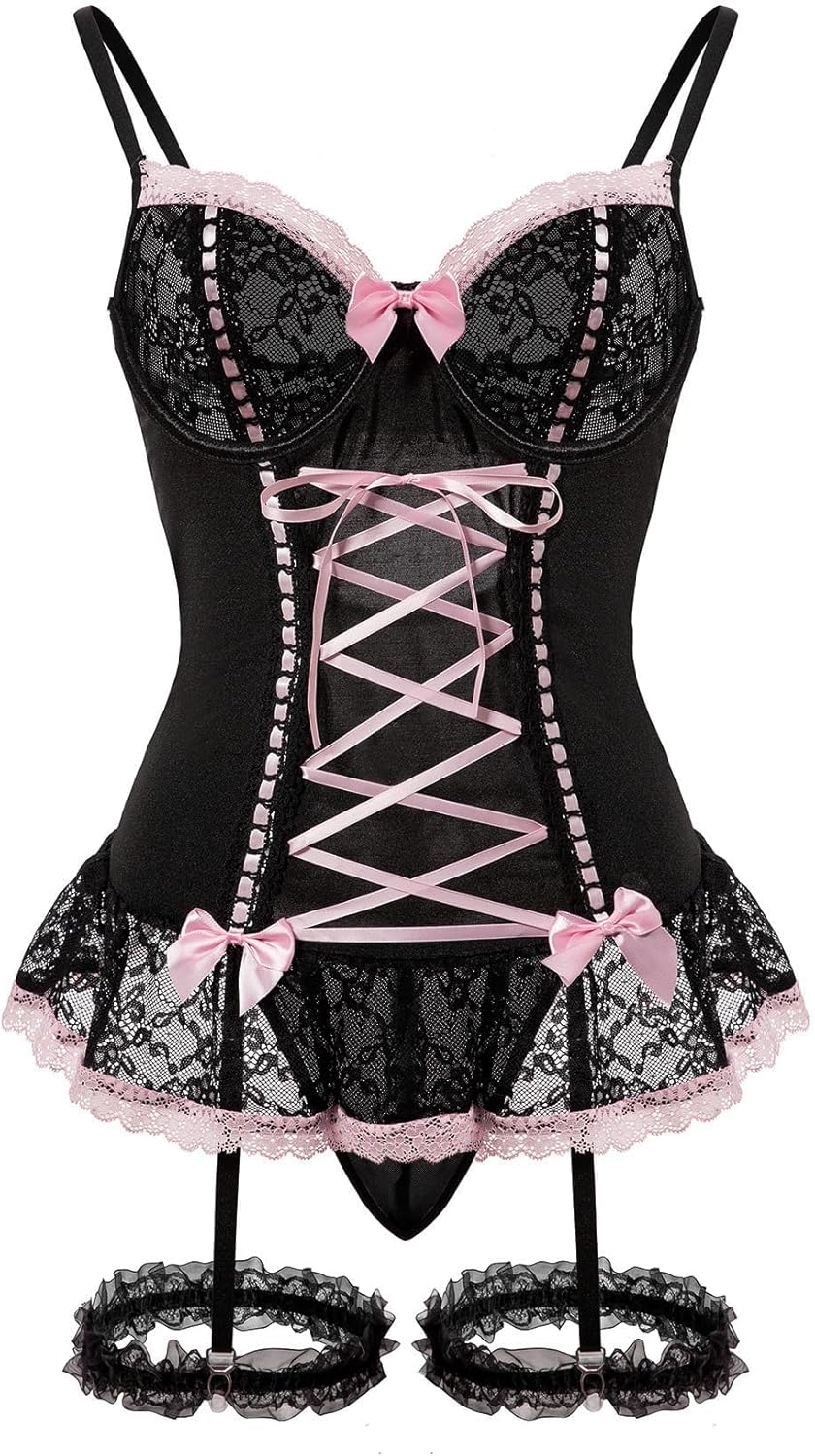 Sexy Rave Mesh Corset Ruffle Lace Up Sheer Garter Belt Babydoll Lingerie Set With Thong 3 Piece Women